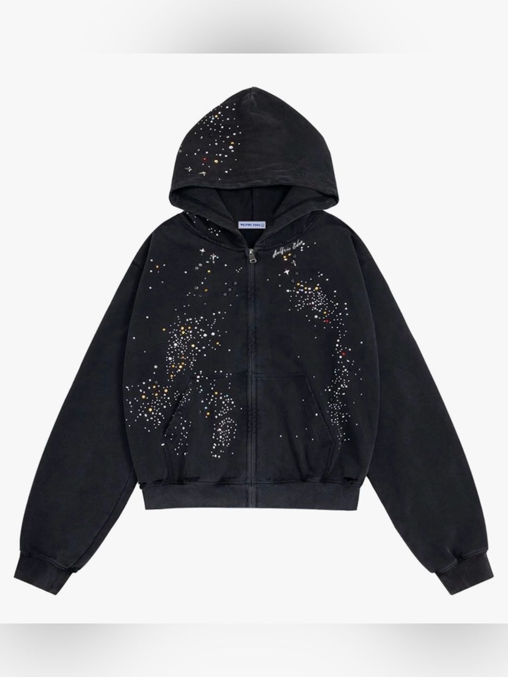 Aelfric Eden Star Rhinestone Distressed Boxy Zip Up Hoodie Sweatshirt-Unisex-XL
